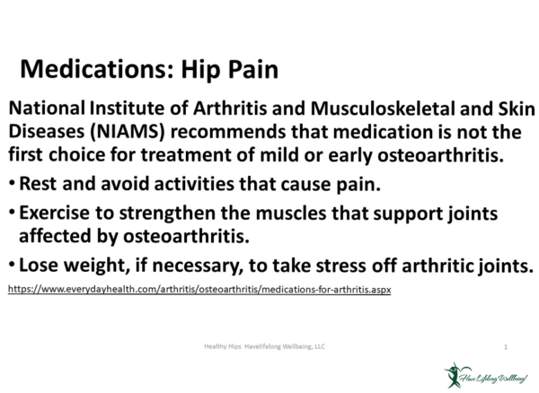 Preview: Medications for Hip Pain - the NIAMS recommends that medication is not the first choice for treatment of mild or early osteoarthritis. Rest, exercise, and lose weight.